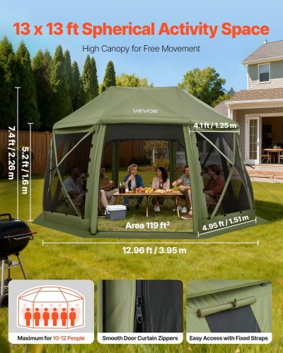 Pop up Gazebo Screen Tent with Removable Top and Carry - 13FT X 13FT - 10 Person Cap - ARMY GREEN (MODEL: YR13X13Military Green-13) image 3