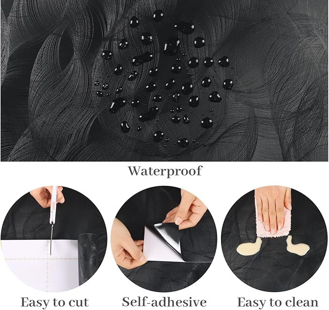 Decotalk multi-purpose adhesive contact paper - 30" x 3M - textured vinyl Black Curved Overlapping Lines (Model: 6R2X) image 3