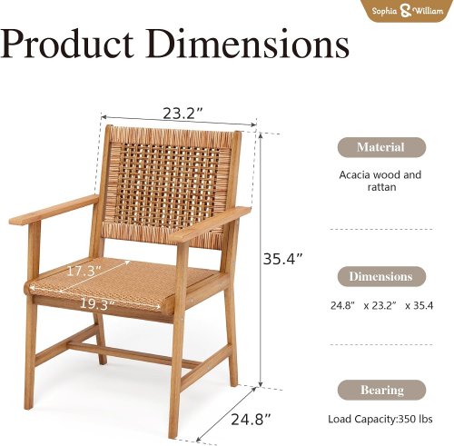 2PK Patio Rattan Dining Chairs - 35.4" x 19.3" - 350lbs cap - Brown (Model: PV-224-H) image 2