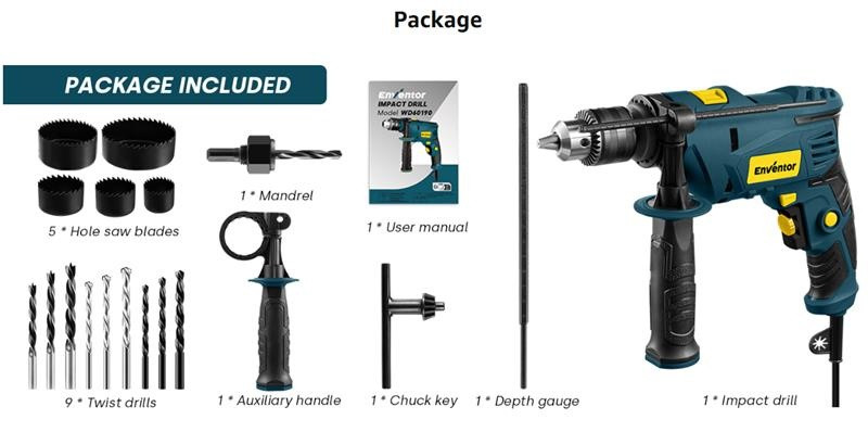 ENVENTOR 2-in-1 lightweight corded electric hammer/drill with 360° rotating Auxiliary Handle & 9 drill bits - 7.5A, 3000RPM - blue (MODEL: WD60190) image 2
