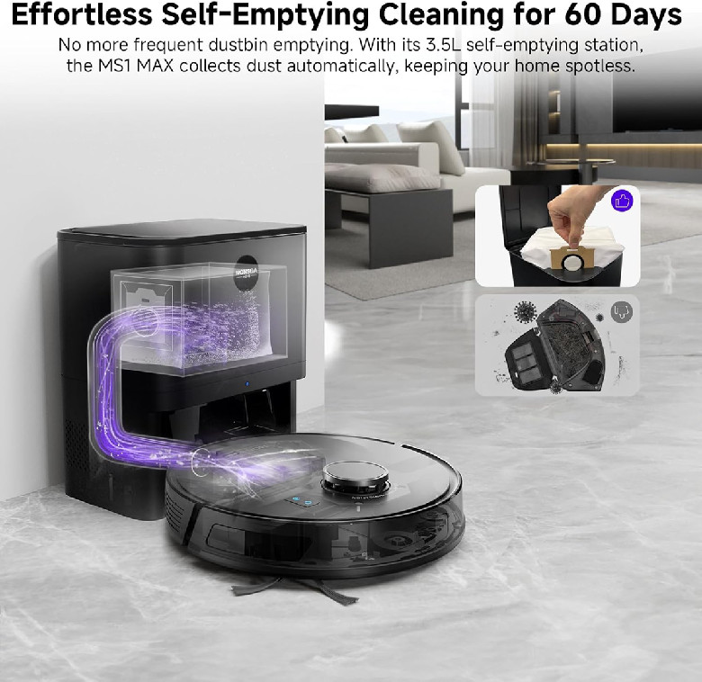 MONSGA 2-in-1 self-emptying robot vacuum cleaner/mop system with app controls - 6000PA - black (model: ms1 max) image 3