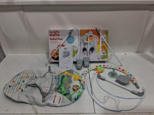 BRIGHT STARTS SAFARI FUN PORTABLE 3-POINT HARNESS VIBRATING BOUNCER WITH TOY BAR - SAFARI/MULTICOLORED (MODEL: 12204) image 2