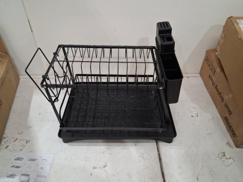 2-tier snofrid large dish drying rack with drainboard & utensil holder - 16" x 11.2" x 12.5" - black image 2