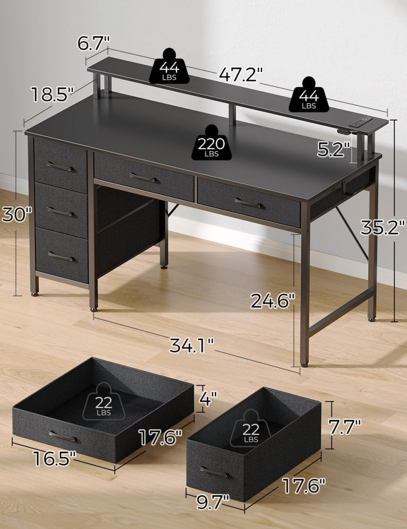 Seventable Computer Desk with Power Outlets & LED Light - 47" - black (model: cpt037-bk120-st) image 2