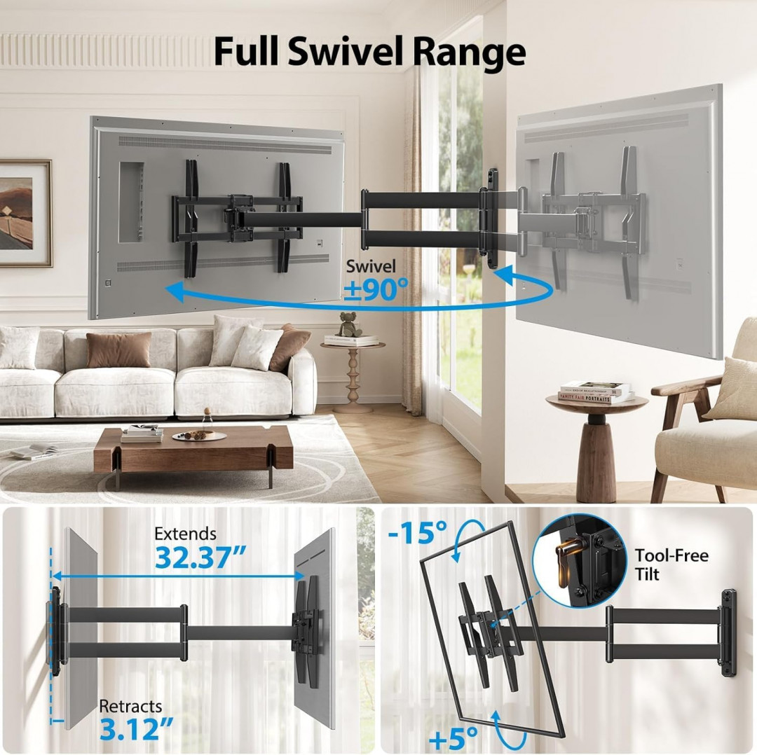 Pipishell Full-Motion Long-Arm TV Wall Mount with swivel & tilt - for 32"-75" TVs - 100lbs capacity - Black (Model: PILF18) image 3