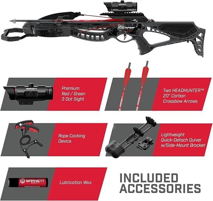 BARNETT wildcat crx lightweight tatical recurve crossbow with red/green 3 dot scope, Quick Detach Quiver & 2 headhunter bolts - 280 fps - 66lbs - black/red (model: bar78232) image 2