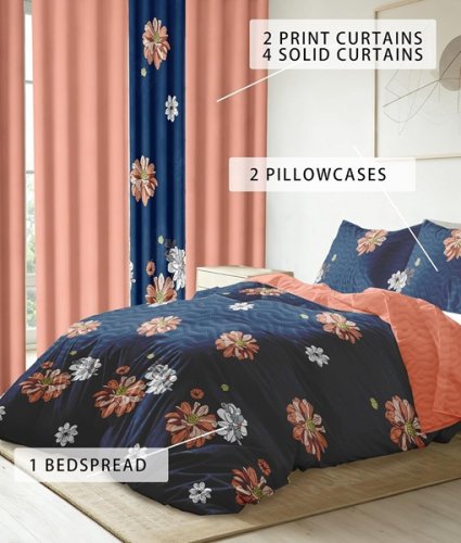9pc REYLOX VINTAGE bedspread, pillowcase and curtain bedroom set - QUEEN - FLORAL ORANGE/BLUE image 2