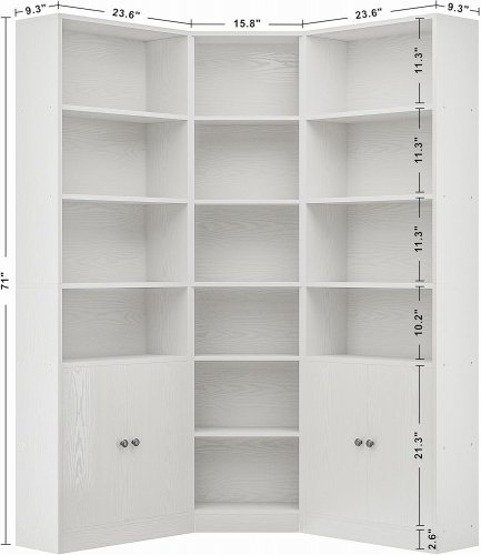 IRONCK Corner Bookshelf and Bookcase with 2 Storage Cabinets and 7 Tier Shelves - 71" - White (Model: HK-CWG-01) image 2