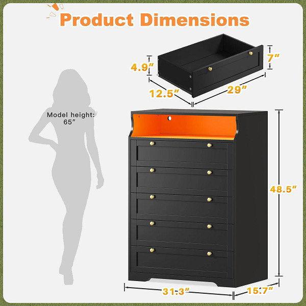 Snhomee 5-Drawer Tall Dresser with LED Lights & Shelves - 48.5" - black (model: 55scwdr5dbjhs) image 2