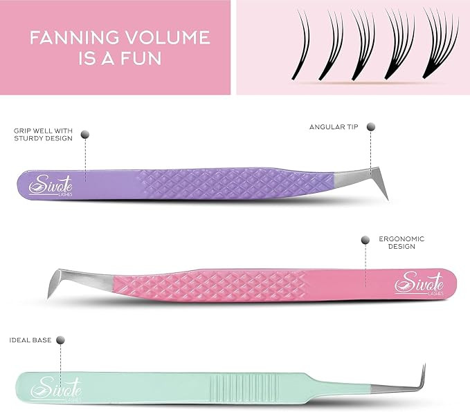 6pk SIVOTE Professional Eyelash Extension Tweezers Set - Volume boot/fanning/angle - Japanese Steel - Pastel colours image 2