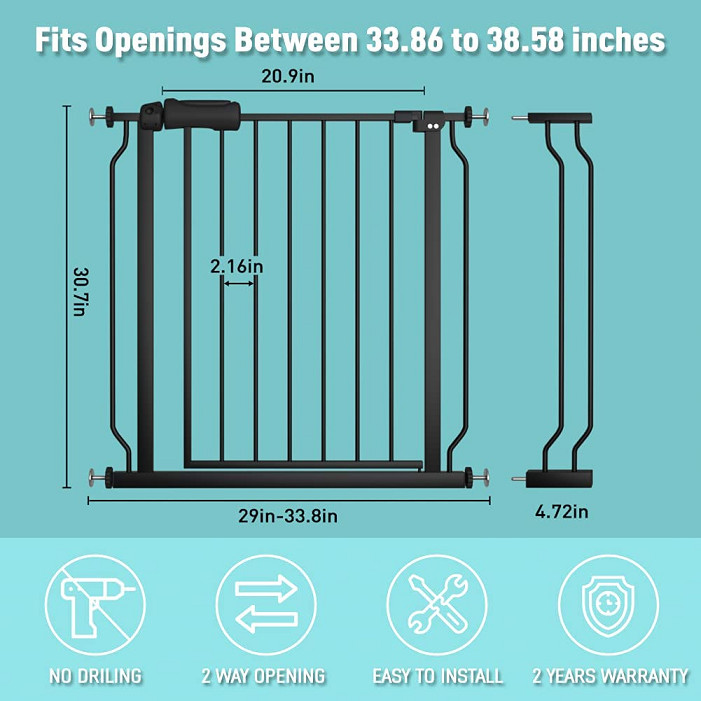 WAOWAO EXTRA WIDE PRESSURE MOUNT WALK THROUGH, SWING AUTO CLOSE SAFETY BABY GATE - 52.7" x 57.4" - BLACK METAL (MODEL: W046BLACK) image 2