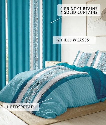 9pc REYLOX VINTAGE bedspread, pillowcase and curtain bedroom set - king - royal blue image 2