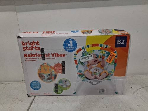 BRIGHT STARTS PORTABLE 3-POINT HARNESS VIBRATING BOUNCER WITH TOY-BAR - RAINFOREST VIBES (MODEL: 12227) image 2