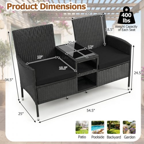 Costway Outdoor Wicker Patio Loveseat with Built-in Glass Side Table - Black (Model: HW76312DK) image 2