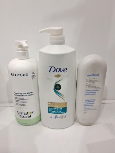 3 ASSORTED HAIR CONDITIONERS - ASSORTED BRANDS, SIZES AND TYPES - ATTITUDE / DOVE / METHOD image 2
