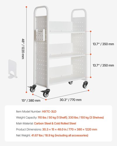 Rolling 3-shelf library book storage cart with lockable wheels - 30" x 15" x 48" - white - (model: hxtc-3ld) image 2