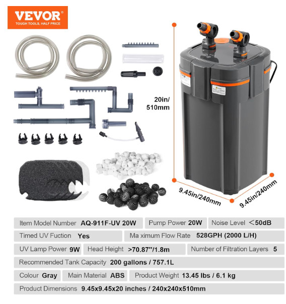 vevor aquarium filter with UV Protection - 5 stage canister filter - 200gal, 528gpm - grey (model:cf800) image 2