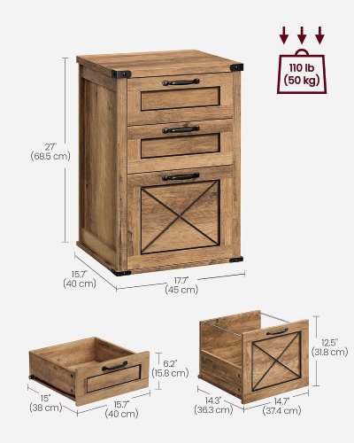VASAGLE 3-DRAWER STORAGE FILE CABINET - HONEY BROWN (MODEL: OFC054) image 2