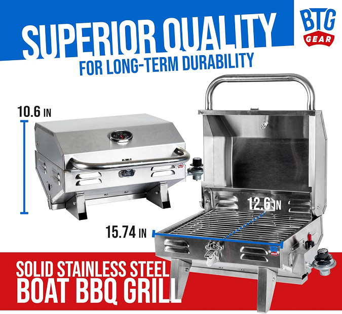 btg gear portable Tailwaves Marine Grill with Rod Holder Mount propane BBQ for boats & tailgating/camping - 10.6" x 15.74" x 12.6" - stainless steel image 2