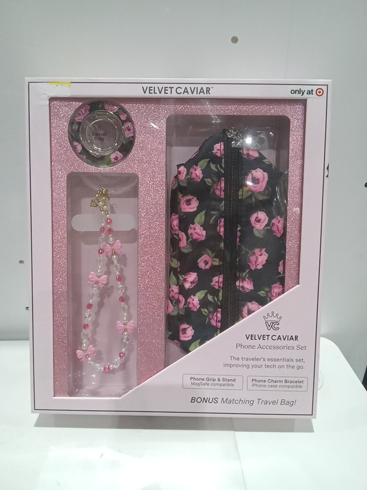 3pc velvet caviar phone accessories set with swivel ring , charm band and travel bag - black and pink floral image 2