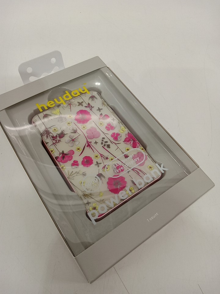 Heyday power bank with LED power level display and charge cable - DC 5V - 2.1A Output - 5000mAh - white / pink floral image 2