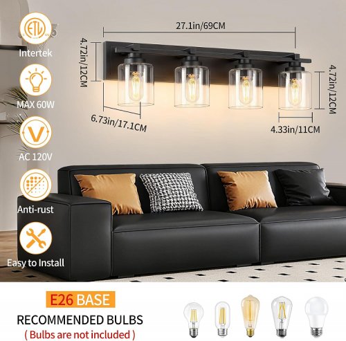 brknit 4-LIGHT MODERN VANITY BATHROOM WALL SCONCE WITH CLEAR GLASS - 27.1" - black (model:8981-4nbg) image 2