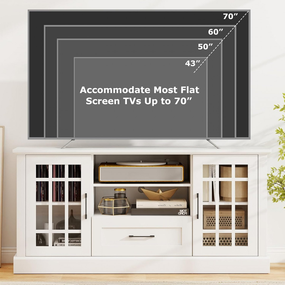 goflame farmhouse storage cabinet tv stand with glass doors - 62" x 16" x 30" - white - (model: hv10880wh) image 3