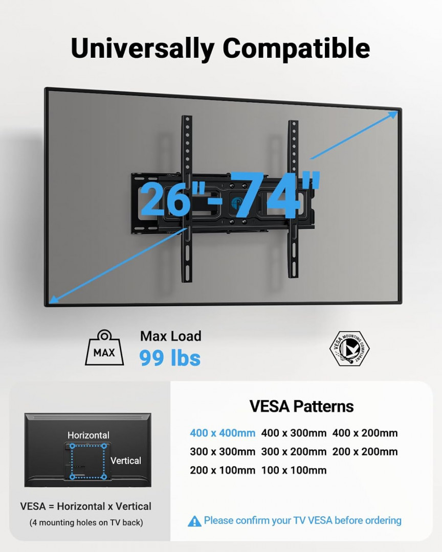 pipishell full motion tv wall mount bracket with swivel extension - 26"- 65" - 99lbs capacity - black (model: pimfk1) image 2