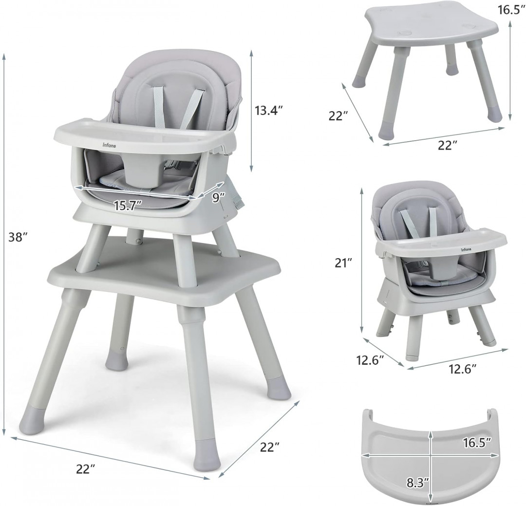 INFANS 8-IN-1 convertible GROWING HIGHCHAIR WITH TABLE - 38" full height - gray - (model: ad10031gr) image 3