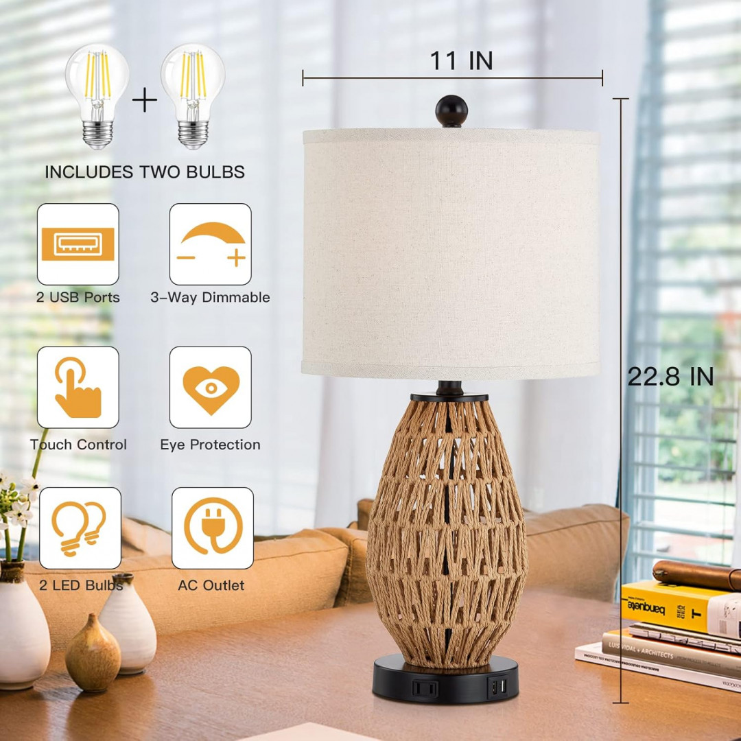 2pk CINSARY Touch Control Rattan Table Lamps with 3 Dimmable settings, 2 USB Ports & AC Outlet - 22.8" x 11" - beige image 2