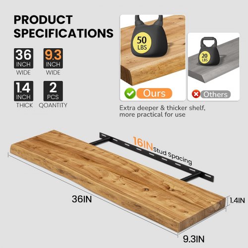 2pk fun memories elm wood floating shelves - 36" x 9.3" x 1.4" - natural finish (model: FS-YMBGZ32) image 2