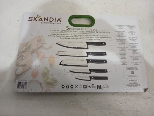5PC SKANDIA BY HAMPTON FORGE GERMAN STEELE KNIFE SET WITH BLADE GUARDS/SHEATHES - CHEF, BREAD, SANTOKU, UTILITY, AND PARING - BLACK (MODEL: 1938125) image 2