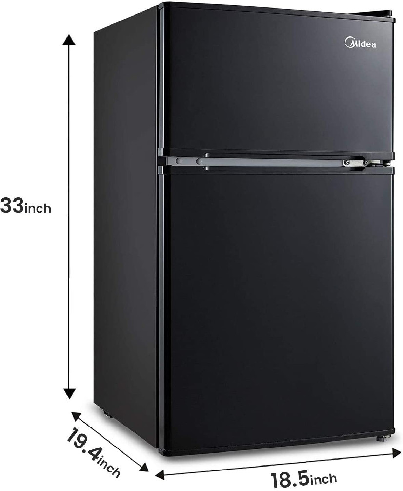 MIDEA DOUBLE DOOR MINI FRIDGE WITH FREEZER AND ADJUSTABLE GLASS SHELVES 3.1CU.FT BLACK (MODEL:WHD-113FB1) image 2
