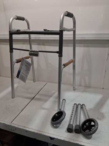 MEDLINE GUARDIAN ADJUSTABLE ALUMINUM 2-BUTTON FOLDING WALKER - 300LBS CAPACITY - GREY (MODEL: MDS86410W54H) image 3