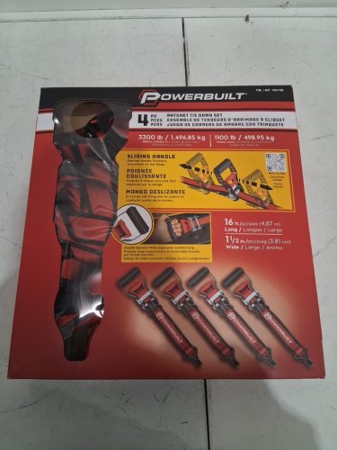 4PC Powerbuilt Ratchet Tie-Down Strap Set with Sliding Handles - 1100LB Max Load - 3300LB Break Strength - Black/Red (Model: 1947198) image 2