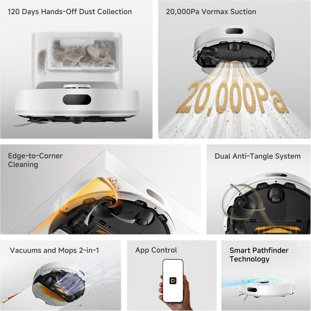DREAME D20 Air Plus Robot Vaccum & Mop Combo with 20,000Pa Suction, Anti-Tangling Tech & Auto-Emptying Dock - white (Model: RLF41GD) image 2
