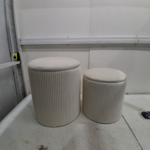 2PC SONGMICS ROUND VANITY STOOL/STORAGE OTTOMANS WITH LID/TRAY - 18" & 15" - CREAM/NATURAL (MODEL: LOM013/017) image 2