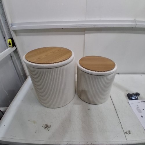 2PC SONGMICS ROUND VANITY STOOL/STORAGE OTTOMANS WITH LID/TRAY - 18" & 15" - CREAM/NATURAL (MODEL: LOM013/017) image 4