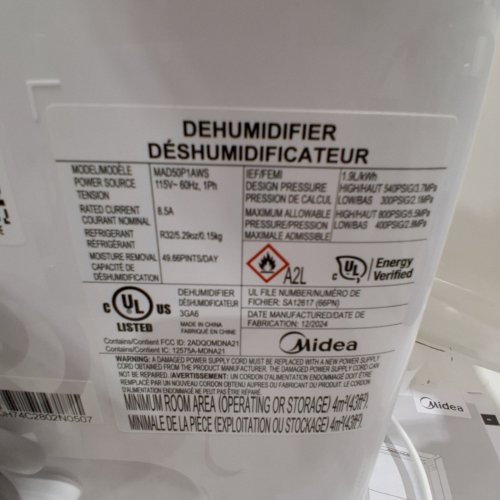 MIDEA ENERGY STAR DEHUMIDIFIER WITH PUMP -WIFI - SMART VOICE COMPATIBLE -4,500 SQ. FT COVERAGE - WHITE (MODEL: MAD50P1AWS) image 3