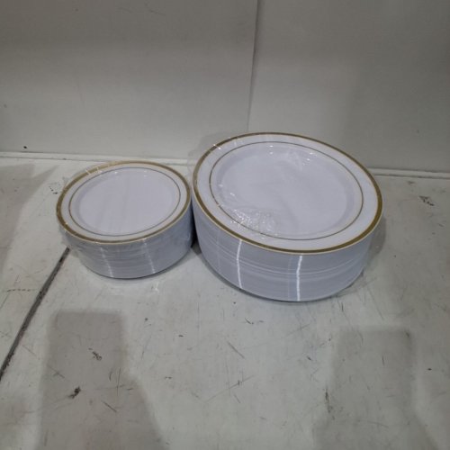 100PK GOLD RIMMED PLASTIC PLATES - (50 10") (50 7") - WHITE AND GOLD image 2