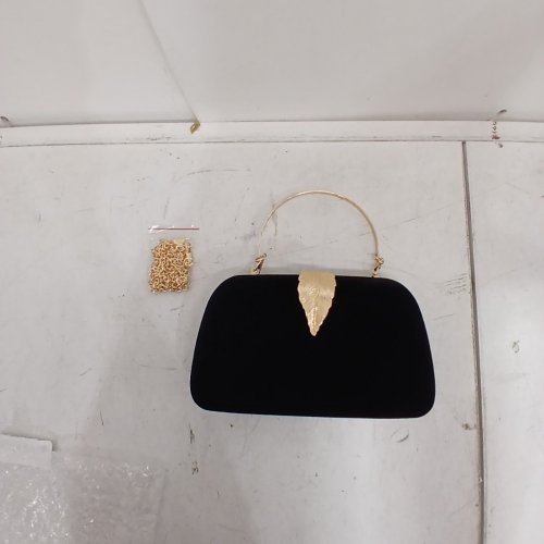 SOLID SOFT SMALL VELVET EVENING CLUTCH CLASPING HANDBAG - BLACK & GOLD LEAVES image 2