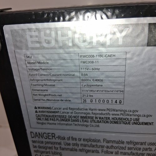 EUHOMY BEVERAGE REFRIGERATOR - 115 V - 0.9 AMP - BLACK (MODEL: FWC008-11) image 7