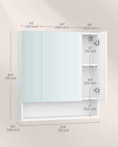 VASAGLE BATHROOM CABINET WITH 3 DOOR MIRROR 6.5" X 27.6" X 29.5" - WHITE (MODEL:BBK129W01S) image 2