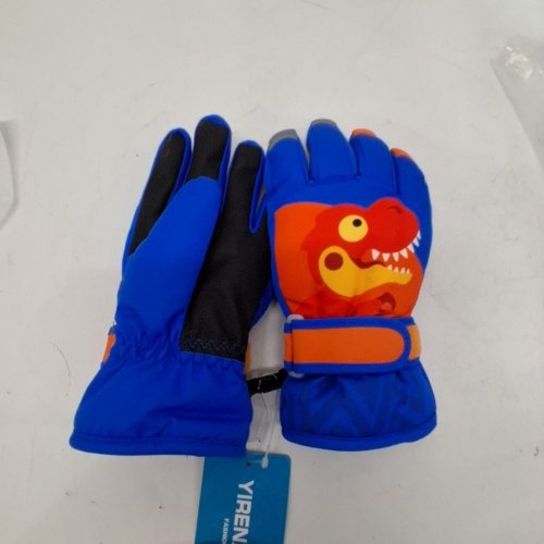 1PR TODDLERS VIREN DINOSAUR PRINT WINTER GLOVES - SMALL - BLUE AND ORANGE image 3