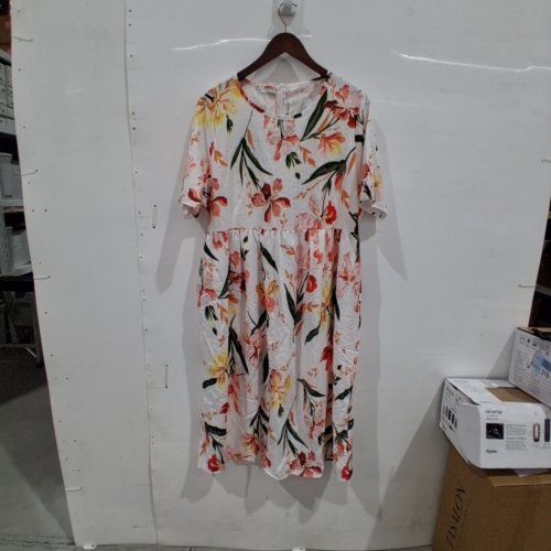 WOMENS FLORAL SHORT SLEEVE DRESS -LARGE/EXTRA LARGE - WHITE WITH MULTICOLOUR FLORAL PRINT image 2