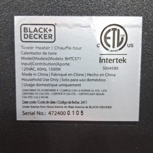 BLACK+DECKER CERAMIC TOWER/SPACE HEATER - 1500W - BLACK (MODEL: BHTC571) image 4