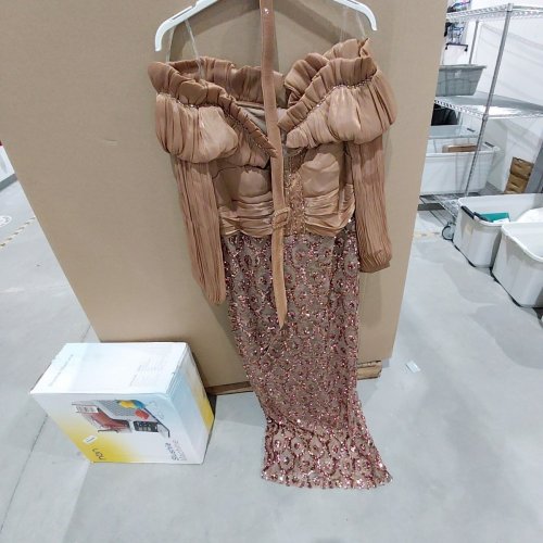 2PC VIA TORINO WOMENS OFF THE SHOULDER PLEATED SEQUINED EVENING GOWN - 44 - BROWN image 2