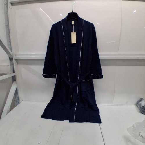 MEN'S WAFFLE SHAWL ROBE WITH WHITE TRIM - XL - NAVY BLUE image 2