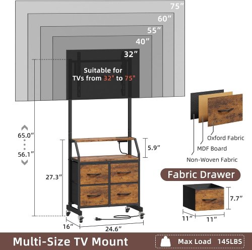 GYIIYUO 4-DRAWER ROLLING TV STAND WITH MOUNT FOR 32"-75"/145LBS MAX - RUSTIC BROWN (MODEL: TVS026) image 2