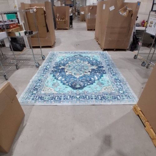 WASHABLE PERSIAN-STYLE PATTERNED LARGE AREA RUG - 10FT X 8FT - BLUE, TURQUOISE, CREAM, AND GREEN image 2
